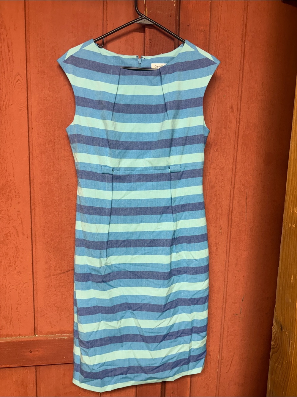 Calvin Klein Aqua and Navy Striped Sleeveless Midi Dress